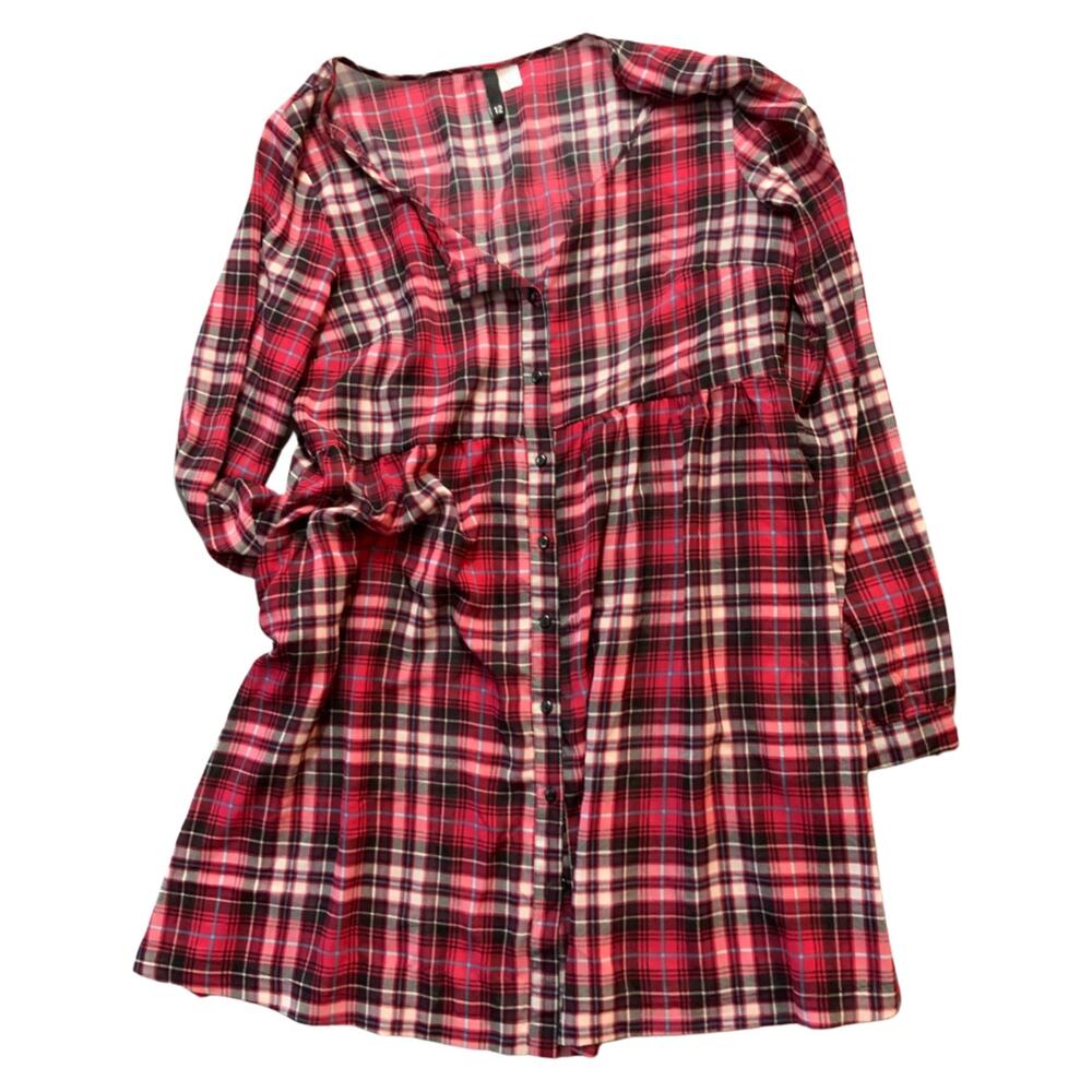 Women's Divided Sheer Red Plaid Baby Doll Dress Boho Punk 12 Large
